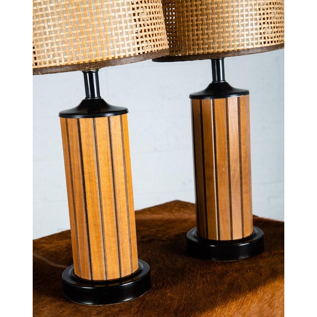 Mid-Century Modern 1960s Mid Century Modern Lamp Set Table Light Lighting Gruvwood Walnut Cane Shade Pair For Sale - Image 3 of 11