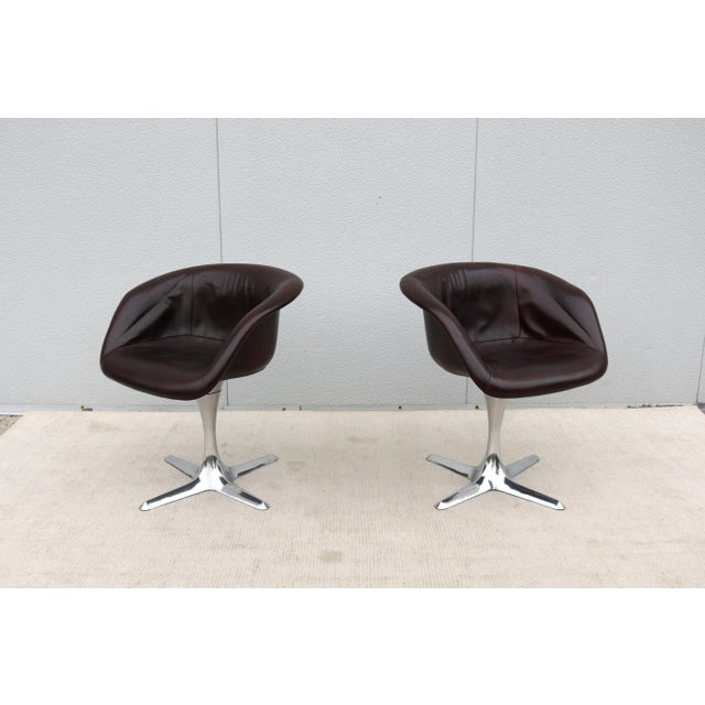 Metal 1960 Mid-Century Modern Burke Division Brown Leather Swivel Bucket Chairs, a Pair For Sale - Image 7 of 18