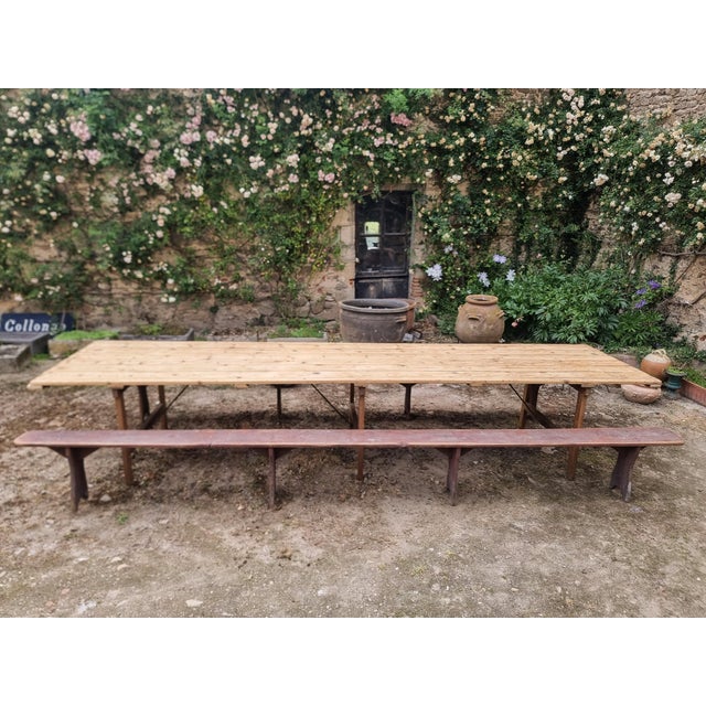 Antique French Folding Dining Table with Benches in Pine and Chestnut, 1890s, Set of 3 For Sale - Image 4 of 18