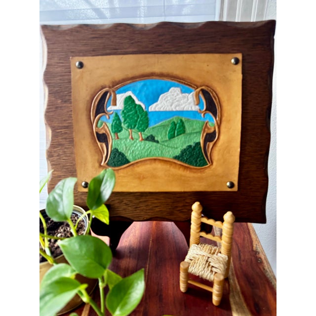 1970s 1970s Hand Tooled Leather Landscape Wall Art in Carved Wood Frame For Sale - Image 5 of 7