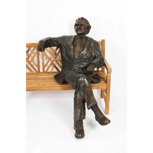 Metal Vintage Life Size Sculpture of Albert Einstein on a Garden Bench, 20th Century, Bronze on Teak For Sale - Image 7 of 12