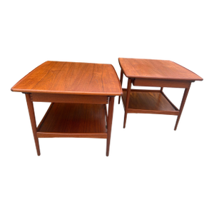 Pair of Mid Century Modern Danish Teak Surfboard Topped End/Side Tables With a Drawer