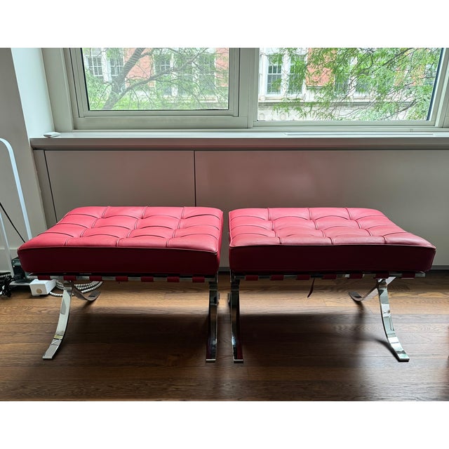 Authentic Design Within Reach Barcelona Stools – Red Tufted Leather & Chrome X‑Base – Set of 2 For Sale - Image 11 of 14