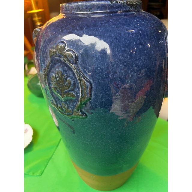 1970s Oversized Blue Ceramic Vase With Metal Ears For Sale - Image 4 of 11