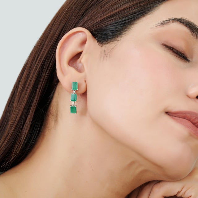 Metal Art Deco Natural 6.32 Ct Octagon Emerald & Diamond Three Stone Dangle Earrings - 2 Pieces For Sale - Image 7 of 11
