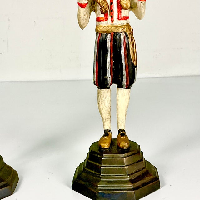 English Early 1900s Antique Mediterranean Italian Venetian Moorish Painted Bronze Candelabras - A Pair For Sale - Image 3 of 17