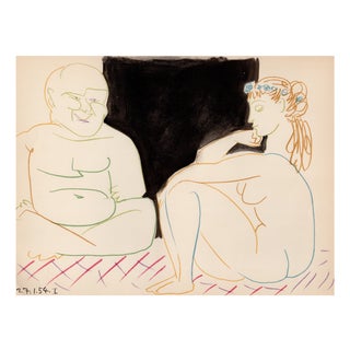Pablo Picasso, Old Man and Young Woman (Self Portrait with a Nude Girl), Lithograph, 1954 For Sale