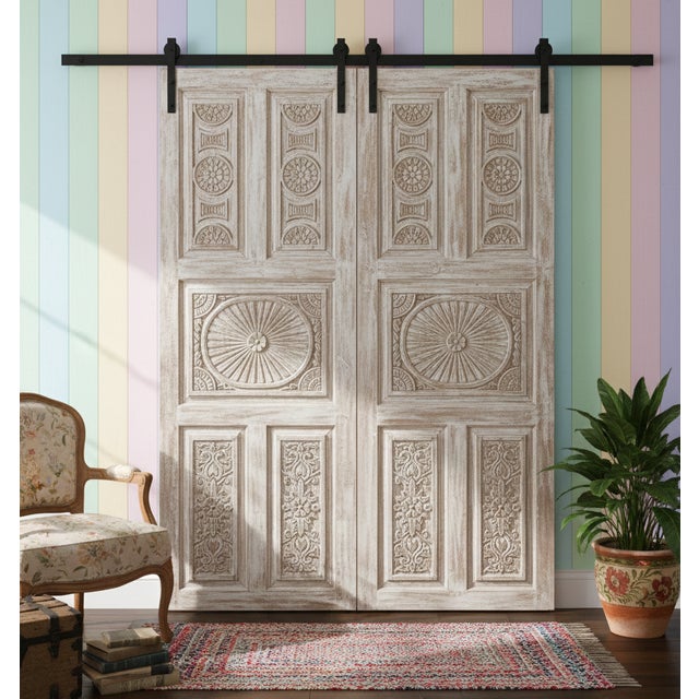 Vintage Whitewashed Carved Floral Doors | Reclaimed Wood Sliding Barn Door Panels 96x36 For Sale - Image 4 of 4