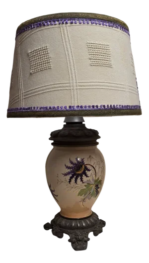 Antique German Table Lamp with Decorated Metal Base with Ceramic Column and Handmade Fabric Shade from Lamplove, 1890