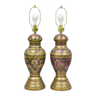 Vintage Brass & Cloisonné Enamel Pink & Blue Jardiniere Urn Table Lamps - Pair For Sale