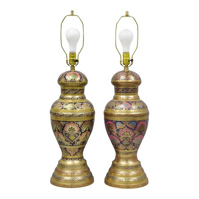 Vintage Brass & Cloisonné Enamel Pink & Blue Jardiniere Urn Table Lamps - Pair For Sale