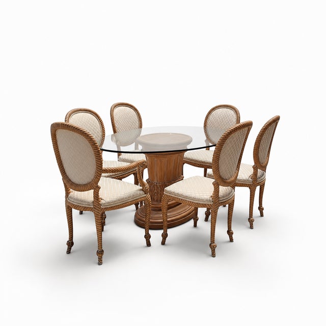 Late 20th Century Vintage Carved Wood Oval Glass Dining Set With Six Upholstered Chairs For Sale - Image 5 of 18