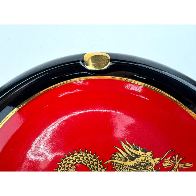 Vintage Italian Black and Red Ceramic Ashtray With Gilt Dragon Motif For Sale - Image 4 of 10
