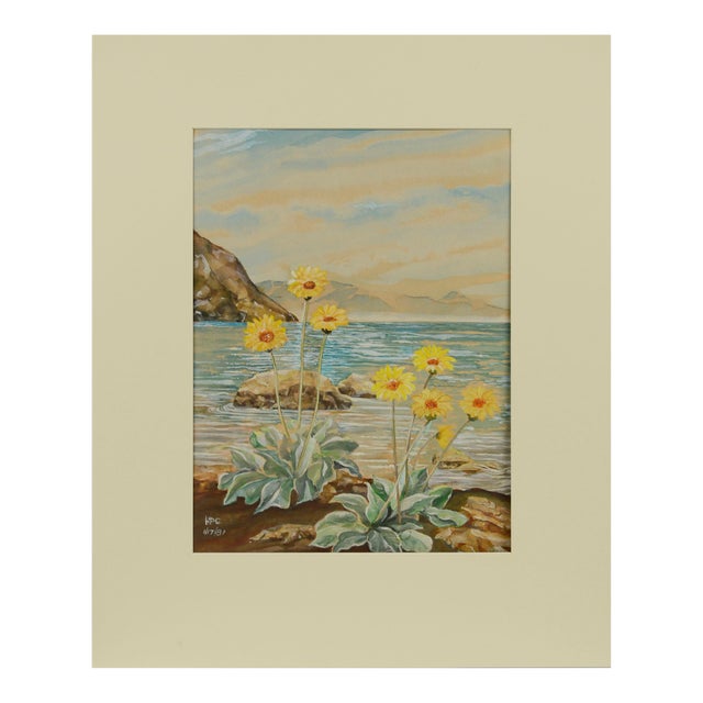 Vintage Flowers on the Beach, Botanical Watercolor Landscape For Sale