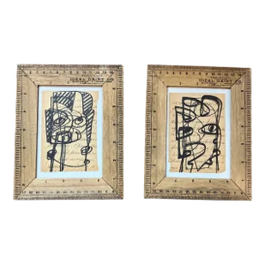 Contemporary 2 Original Wayne Cunningham Abstract Marker Drawings in Tabletop Ruler Frames - Set of Two