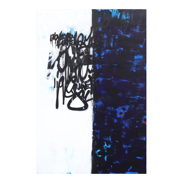 Mixed Synchrony - Abstract Textured Blue and White Graffiti Pop Original Artwork by Amber Goldhammer For Sale