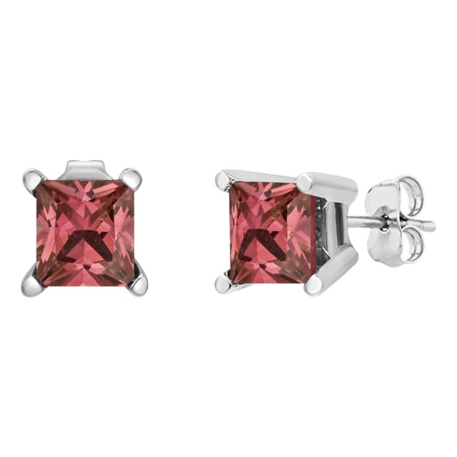 14K White Gold 1/2 Cttw 4 Prong Set Lab Grown Pink Princess Diamond Solitaire Stud Earrings, A Pair For Sale