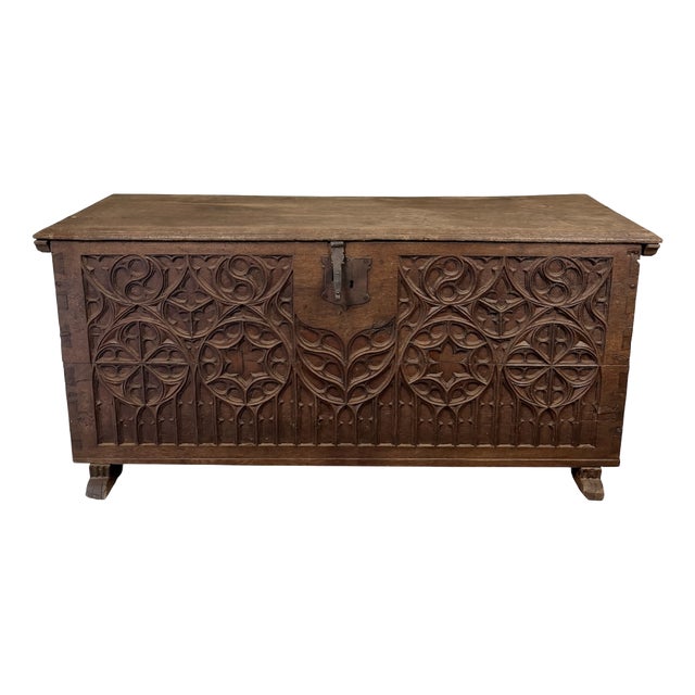 Late 18th Century Spanish Carved Wood Chest with Gothic Decoration, 1880 For Sale