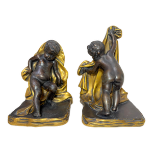 Pair of Antique 1800's Sterling Bronze Co Cherub Putti Ormolu Patinated Bookends