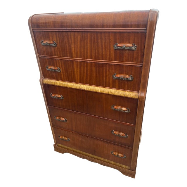 Vintage 1940s Art Deco Dresser Chest Five Drawers Waterfall Top Bakelite Pulls For Sale