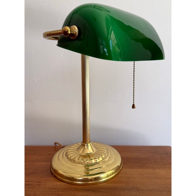 Art Deco Vintage Brass Emeraldite Glass Shade Bankers Lamp For Sale - Image 3 of 9