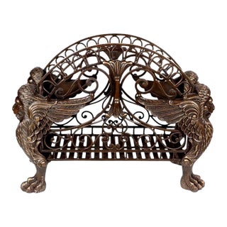 Vintage French Empire Style Bronze Winged Lion Regency Griffin Firewood Holder/Magazine Basket For Sale