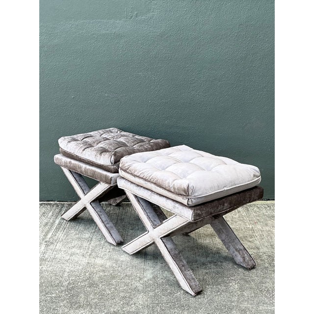 Rose Vintage Tufted Velvet X Benches - A Pair For Sale - Image 8 of 12