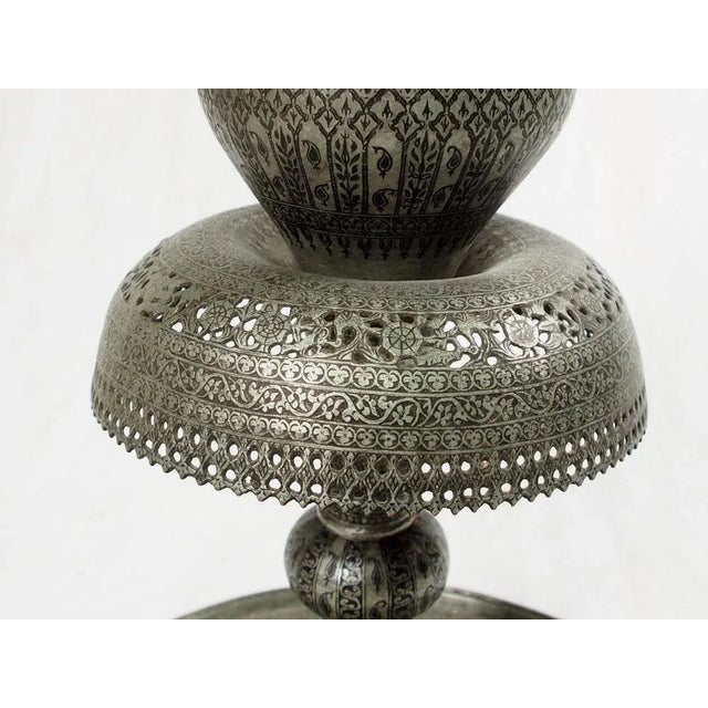 Antique Central Asian Copper Tinned Islamic Engraved Oil Lamp, 1890s For Sale - Image 4 of 13