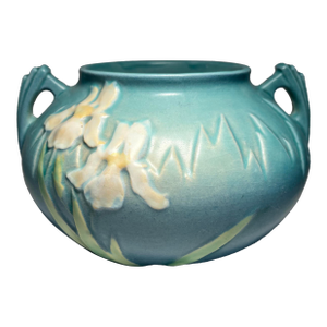1939 Roseville Iris Blue Art Deco Pottery Matt Ceramic Vase # 357-4