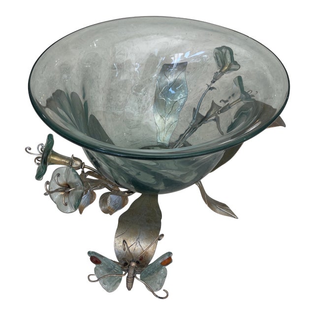 1970s French Crackled Glass Bowl Base Métal For Sale