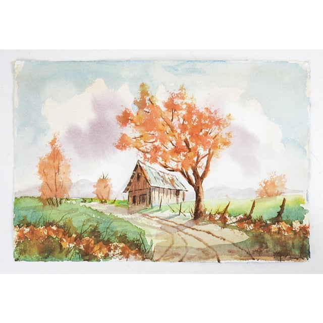 Farmhouse Contemporary Rustic Autumn Farmhouse Landscape Watercolor Painting For Sale - Image 3 of 3