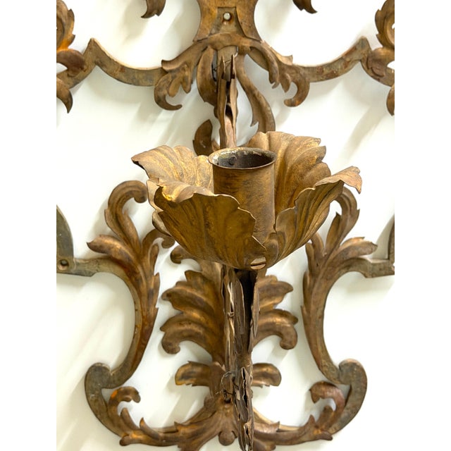 Metal Large Pair Venetian Gilt & Polychromed Tole Candle Sconces Italy, circa 1890s For Sale - Image 7 of 18