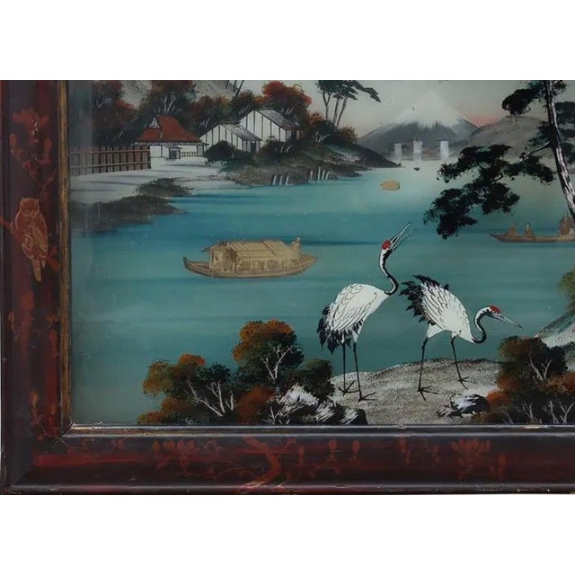 Late 19th Century Antique Meiji Period Japanese Reverse Glass Painting - Mother of Pearl Inlay - Cranes at Mt. Fuji - C. 1890 For Sale - Image 5 of 10