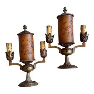 1920s Tiffin Franciscan Glass Tale Lamps in Original Old Paints, Irons SND Brass - a Pair For Sale