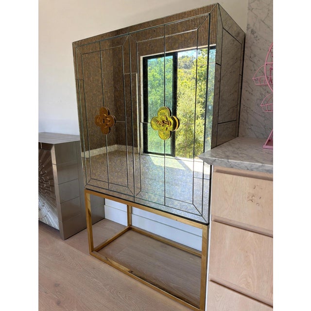 Hollywood Regency Jonathan Adler Delphine Bar Cabinet, Brass & Antiqued Mirror For Sale - Image 3 of 5