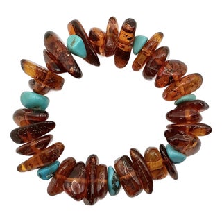 1980s Vintage Boho Chic Baltic Amber & Faux Turquoise Nugget Beaded Bracelet - 7” For Sale