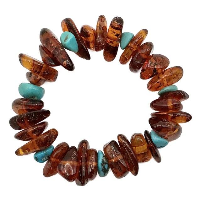 1980s Vintage Boho Chic Baltic Amber & Faux Turquoise Nugget Beaded Bracelet - 7” For Sale