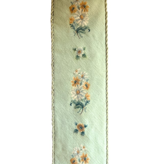 Shabby Chic Vintage Celadon Green Floral Needlepoint Bell Pull With Tassel 70" Long For Sale - Image 3 of 5