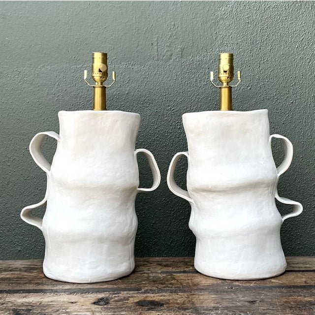 Contemporary Vintage Artisan Slab Built Pottery Lamps - A Pair For Sale - Image 3 of 12