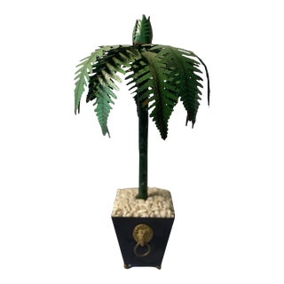 Hollywood Regency Tall Tole Painted Palm Tree Candlestick Holder in Planter For Sale