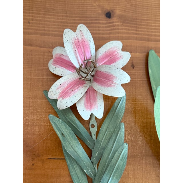 French Country Vintage Painted Tole Flower Wall Hooks, a Pair For Sale - Image 3 of 7
