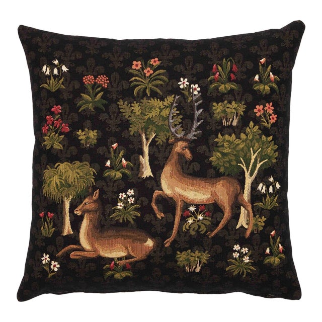 Medieval Stags I Tapestry Cushion With Feather Filler - 46x46cm (18"x18") For Sale