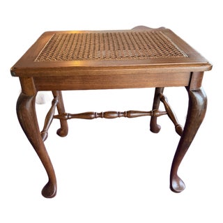 Vintage Walnut Cane Seat Cabriole Leg Spindle Stretcher Piano Bench With Cushion For Sale