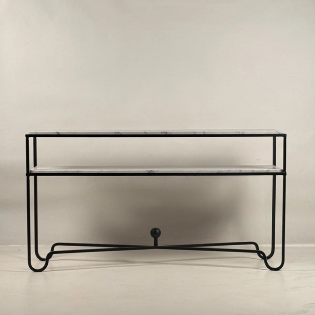 Large two-shelf console table in gorgeous Macaubas stone from Brazil. Please note that stone is a natural material so slab...