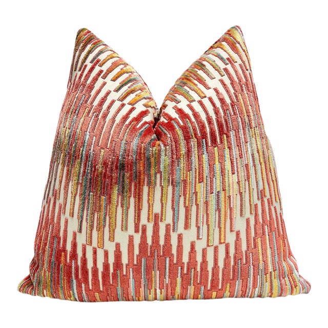 Terracotta Multi Zigzag Velvet Throw Pillow With Feather Down Insert For Sale