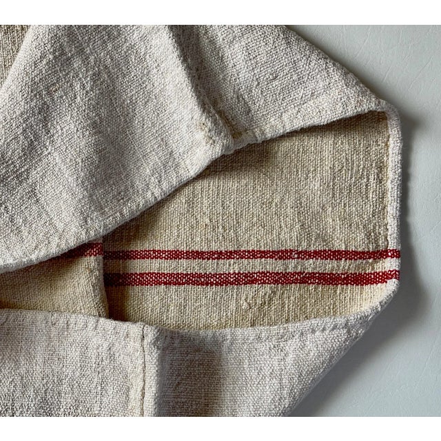 1900 - 1909 Antique French Heavy Linen Red Stripe Feed Sack - For Sale - Image 5 of 7