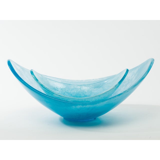Set of graceful aquamarine acrylic scoop serving bowls. Large bowl measures 20.5 inches length x 13.5 inches depth x 9...