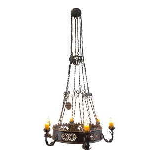 Very Tall 82" Maitland Smith Spanish Style Iron Six Light Chandelier Light For Sale