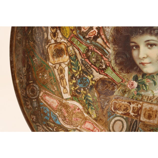 Vintage Folk Art/Tramp Art Tobacciana Cigar Band Decoupage Glass Decorative Bowl For Sale - Image 11 of 15