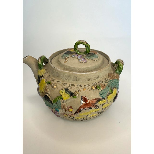 Vintage Japanese Bisque and Enamel Flora & Fauna Small Teapot by Banko, Multi Color For Sale - Image 4 of 12